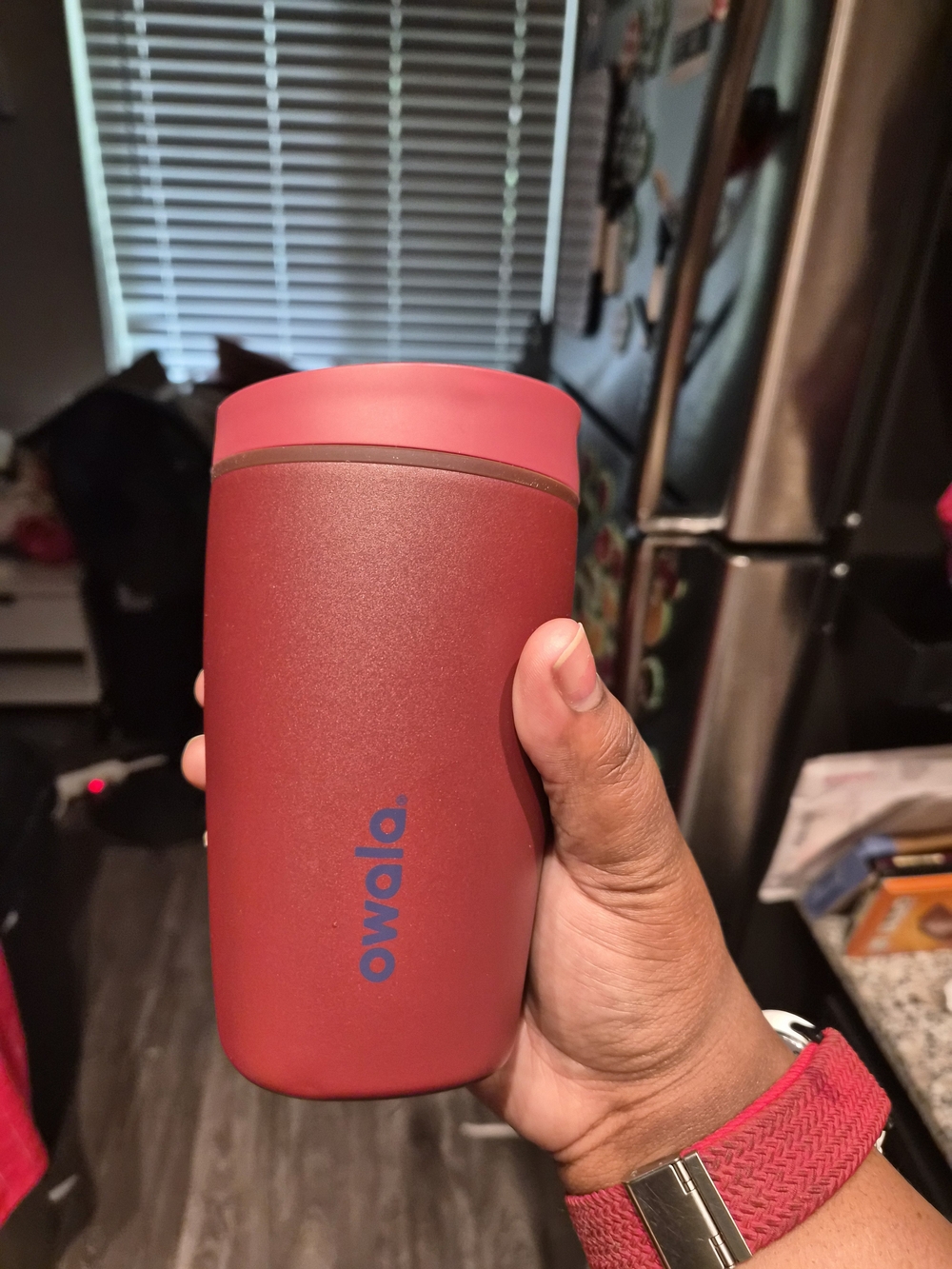 Owala Tumbler 10 oz Smooth Sip Slider Burgundy Bay base with Black Cherry Lid.